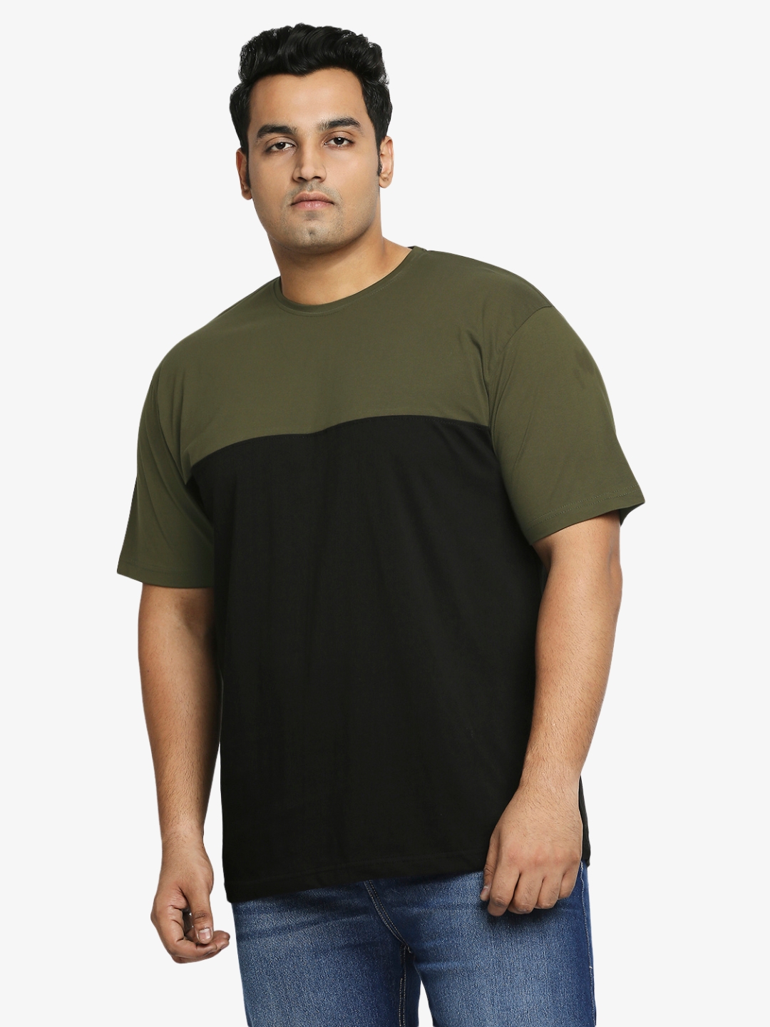 Men's Plus Size Cotton Color Block T-Shirt - Olive & Black