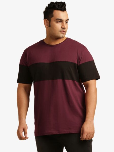 Men's Plus Size Cotton Single Stripe T-Shirt - Burgundy & Black