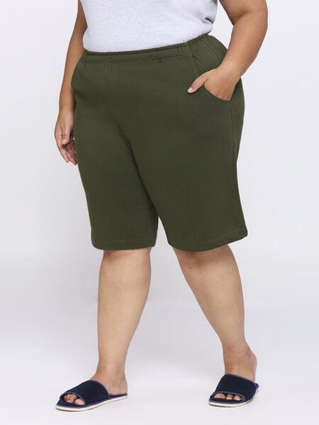Women's Plus Size Cotton Knee Length Shorts - Olive